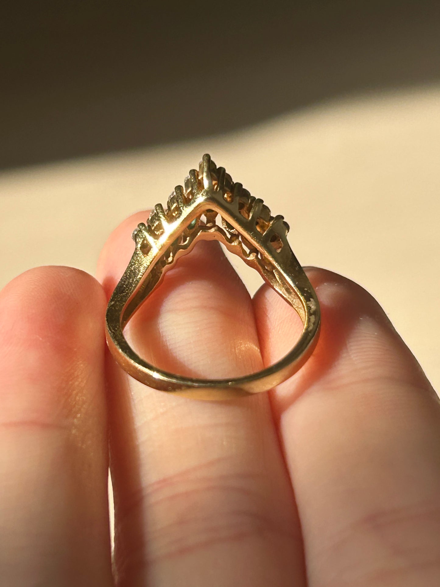 Vintage 18k Emerald Marquise and Diamond Chevron Ring: US Size 6
