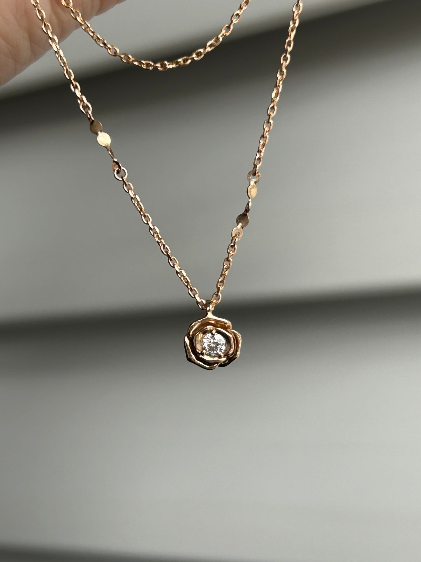 Vintage 18k Pink Gold Rose Flower Diamond Pendant Chain