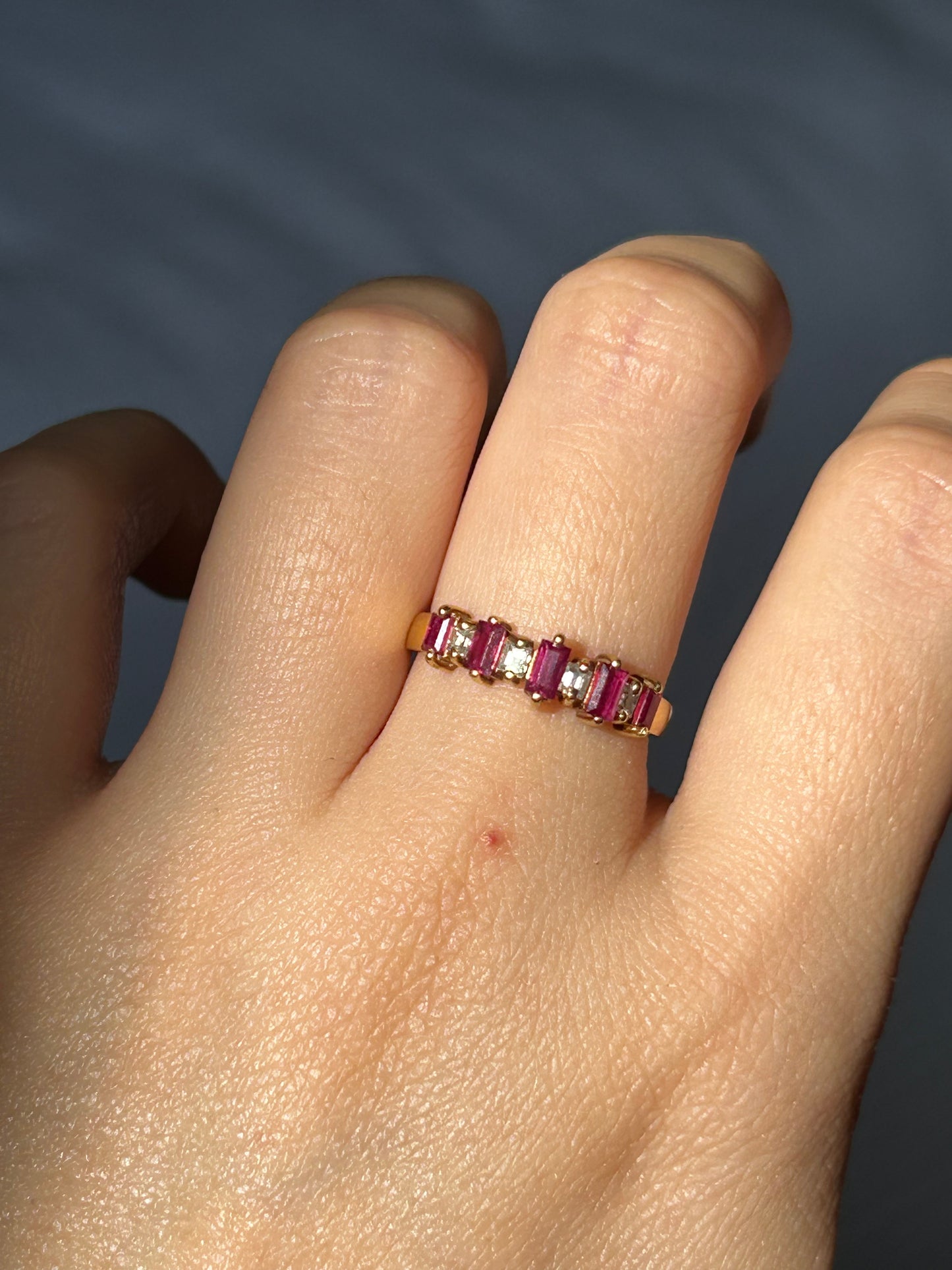 Vintage 18k Baguette Cut Ruby and Diamond Ring