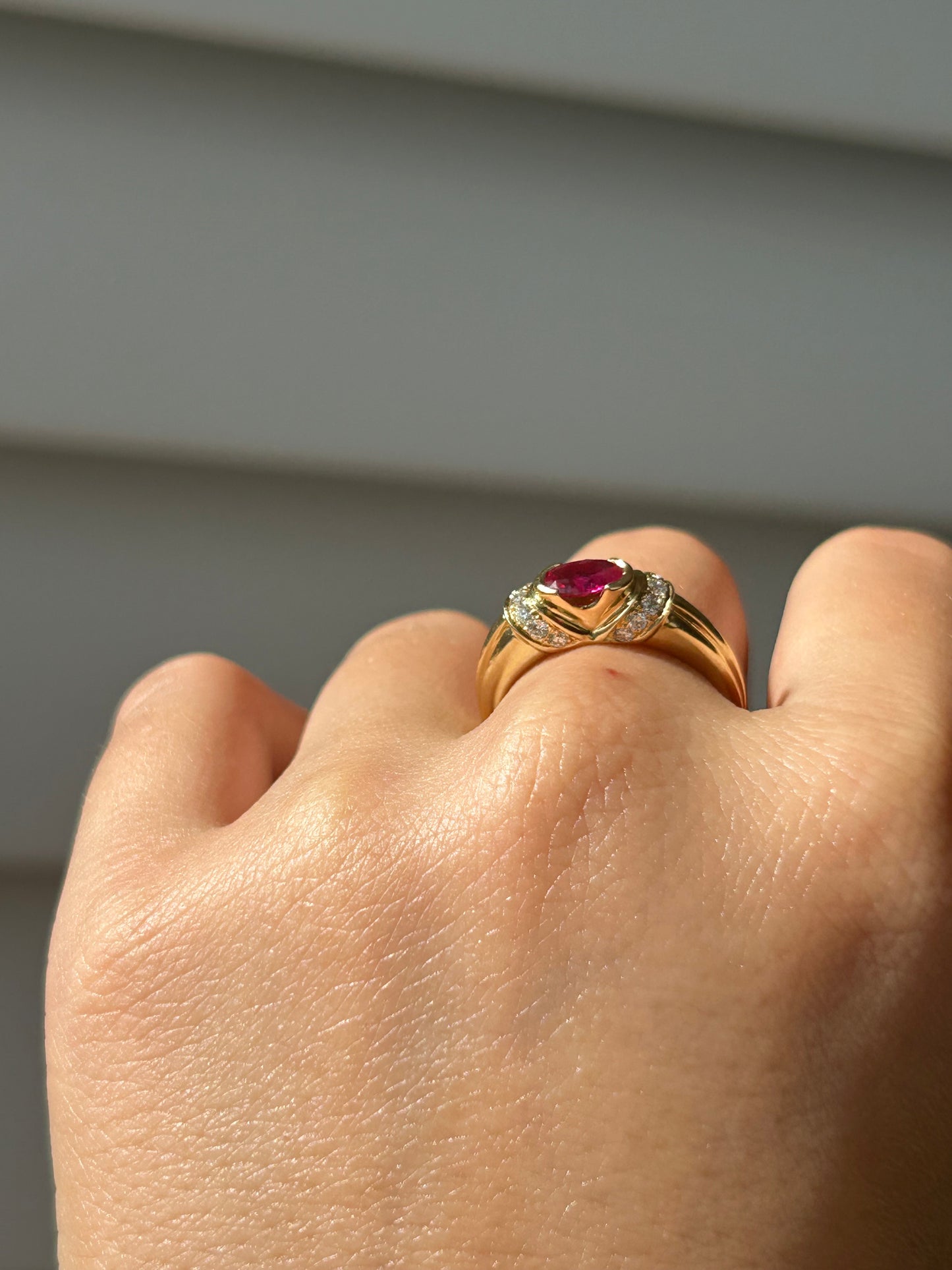 Vintage 18k East West Oval Ruby and Diamond Ring: US Size 6.5