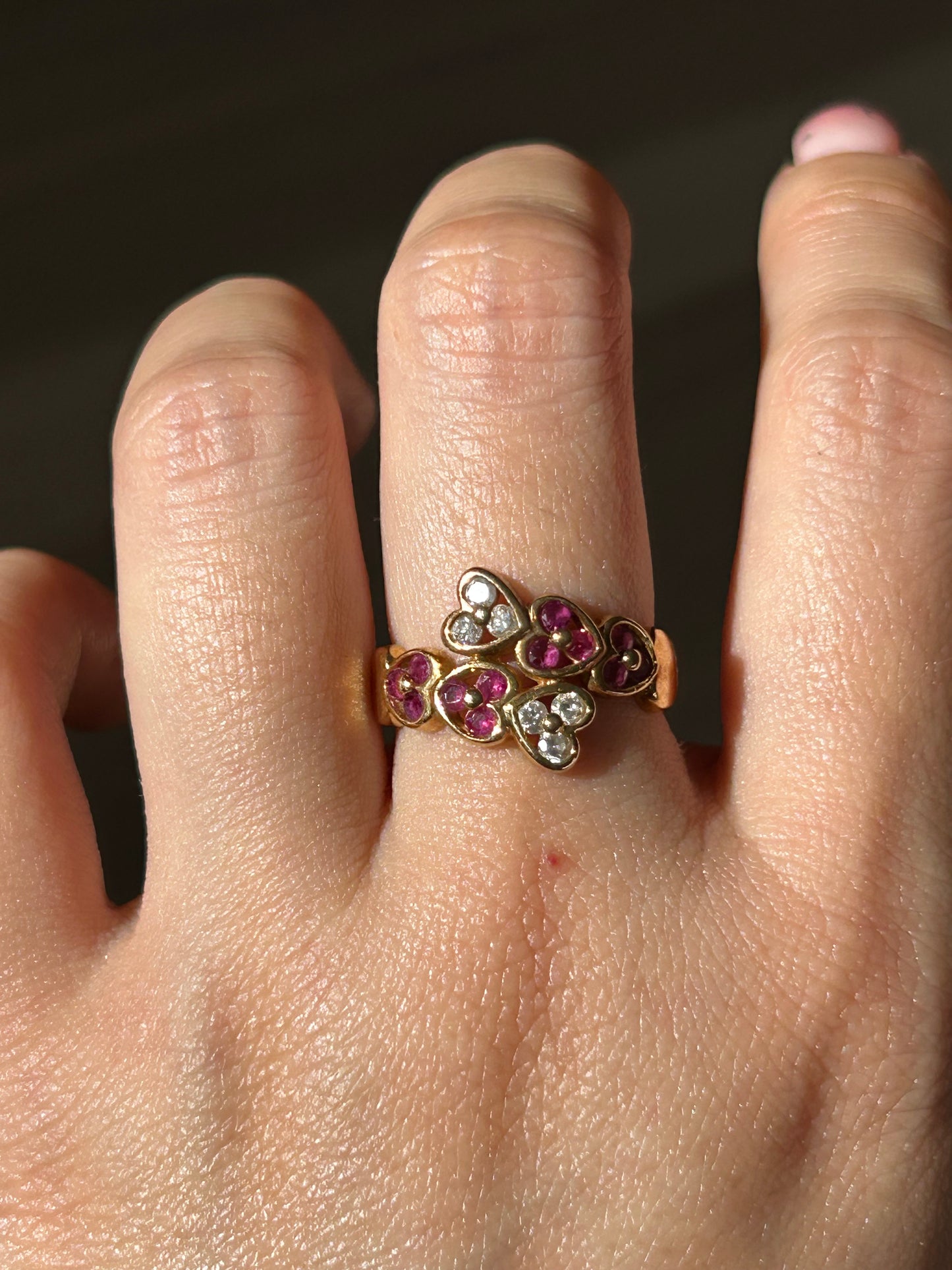 Vintage 18k Heart Bypass Ring: Rubies and Diamonds, US Size 6