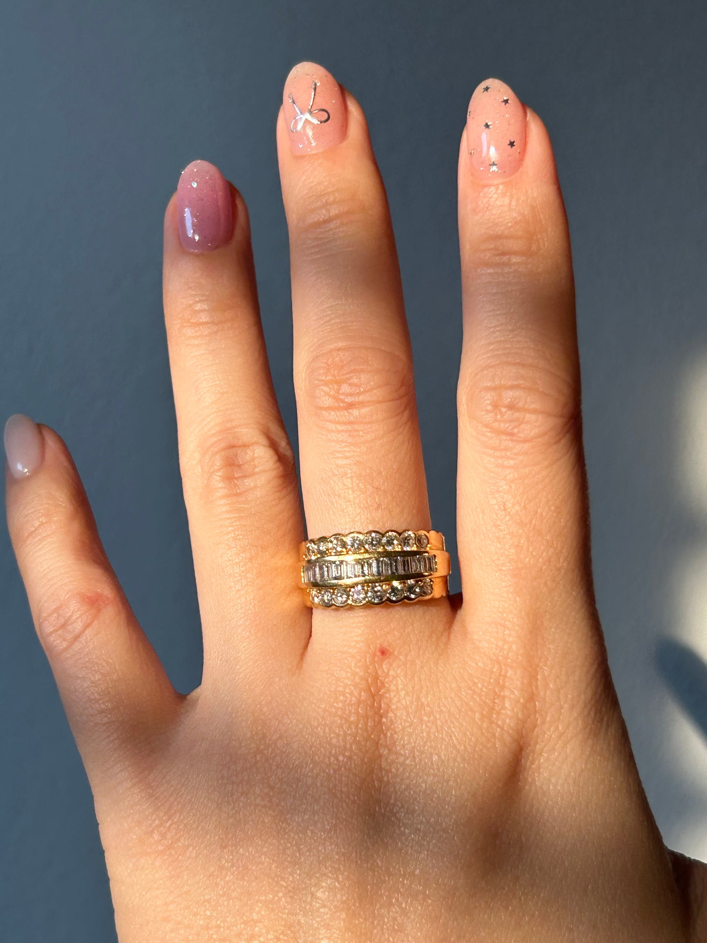Vintage 18k Diamond Triple Row Ring: US Size 7