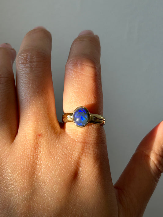 Stunning Black/Blue Opal Bezel Set Ring: Size 6.5 US