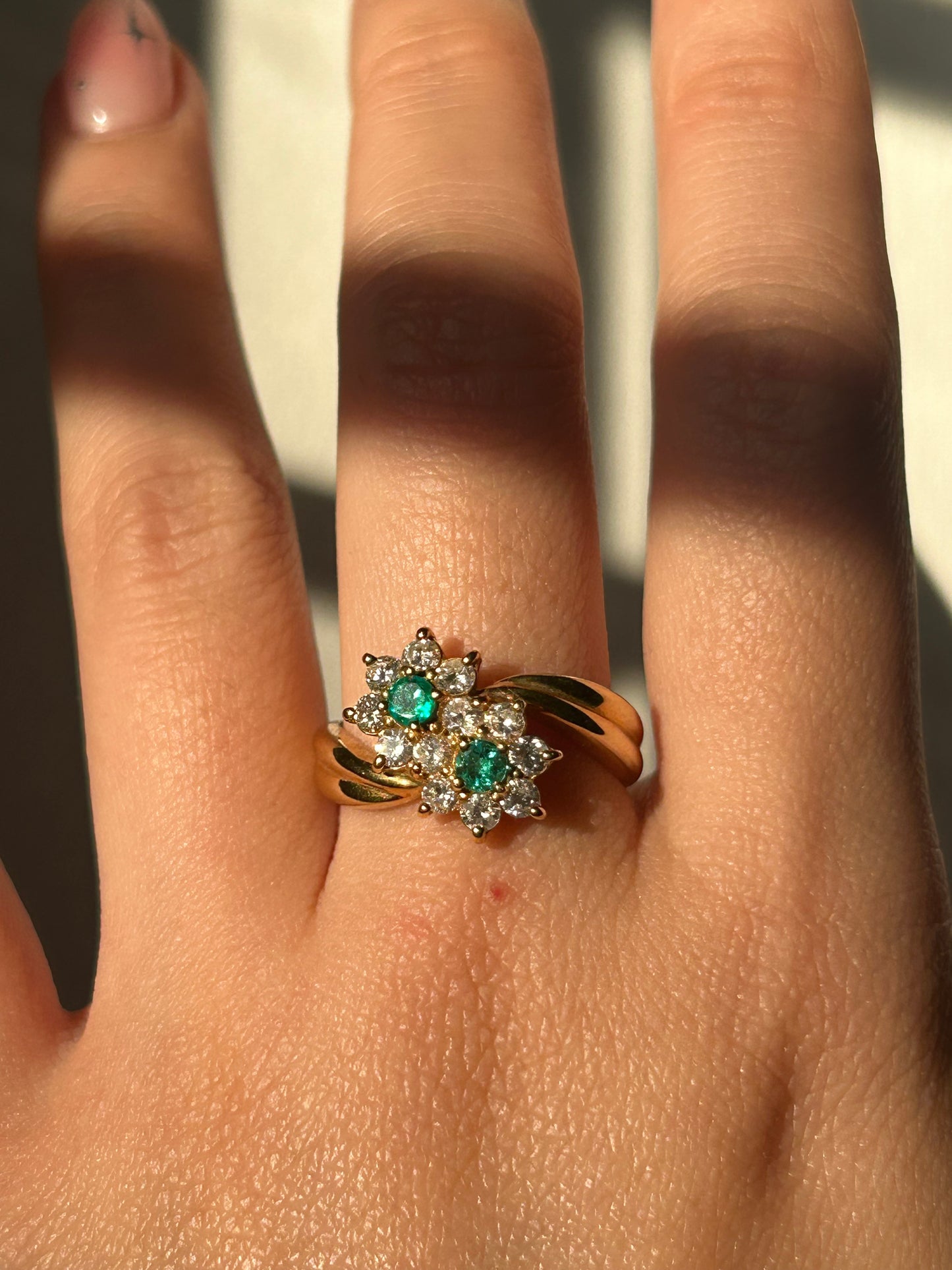 Vintage 18k Diamond and Emerald Twin Flowers Ring: US Size 7