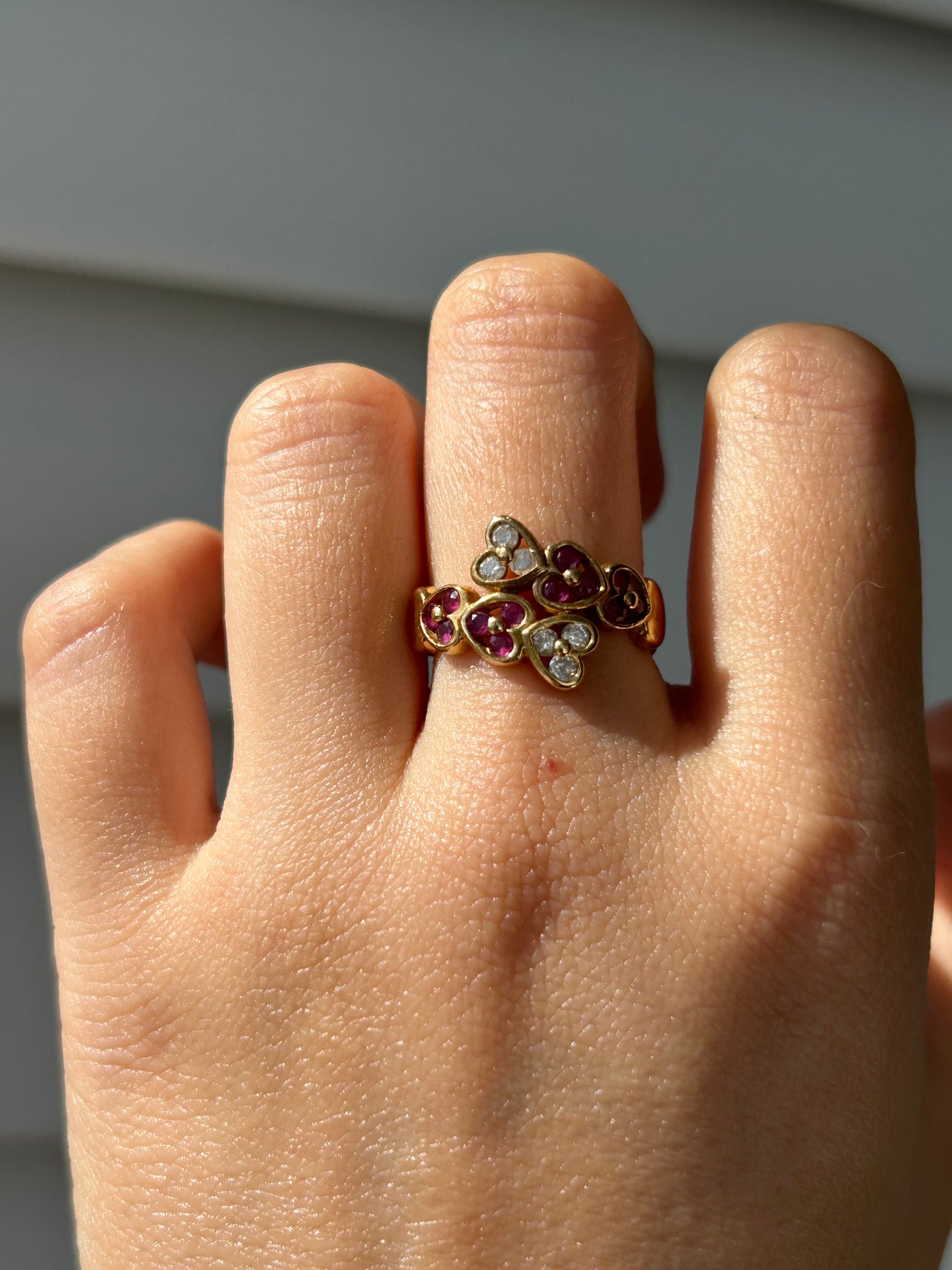 Vintage 18k Heart Bypass Ring: Rubies and Diamonds, US Size 6