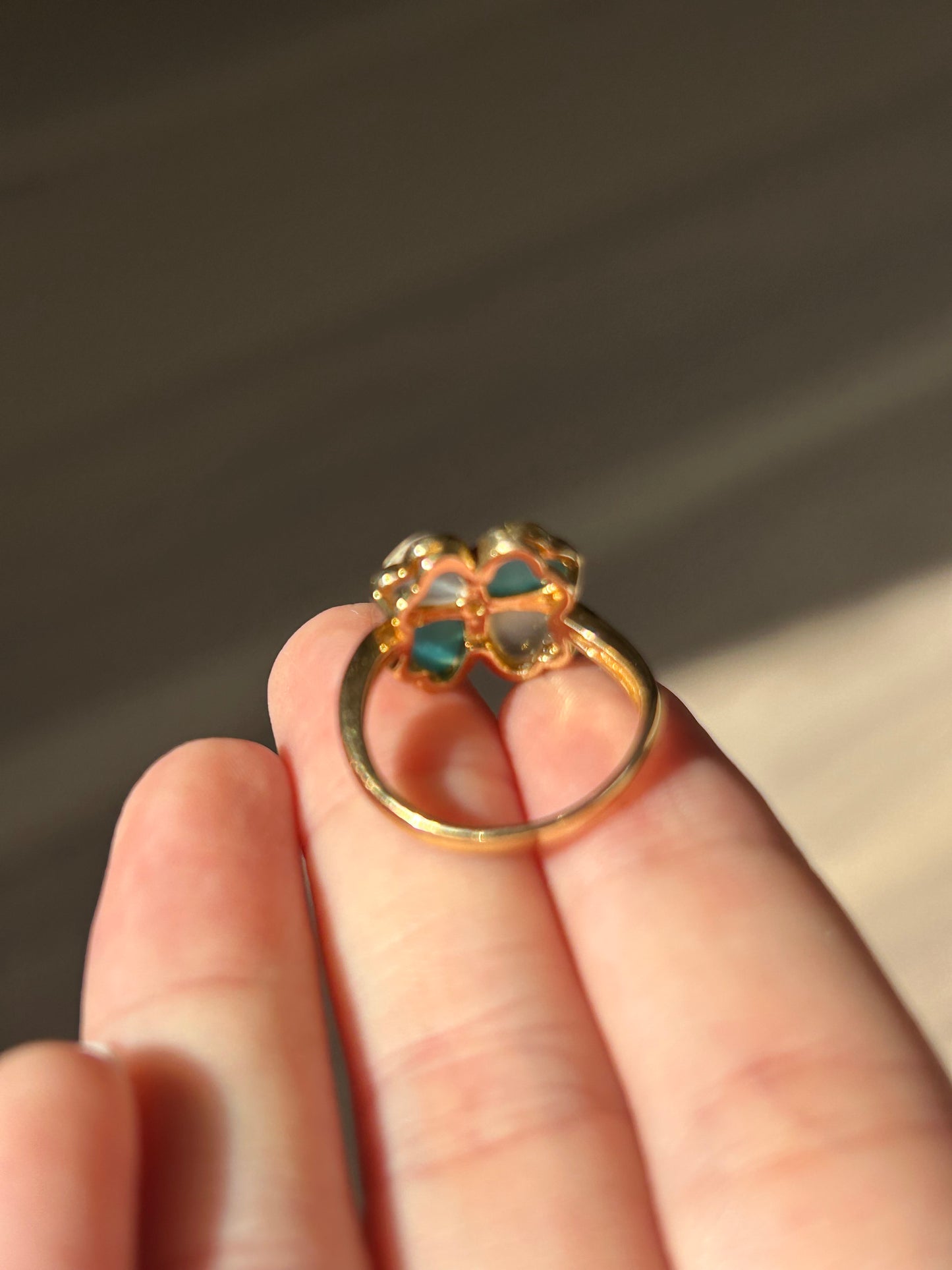 Vintage 18k Moonstone and Turquoise Four-Leaf Clover Ring