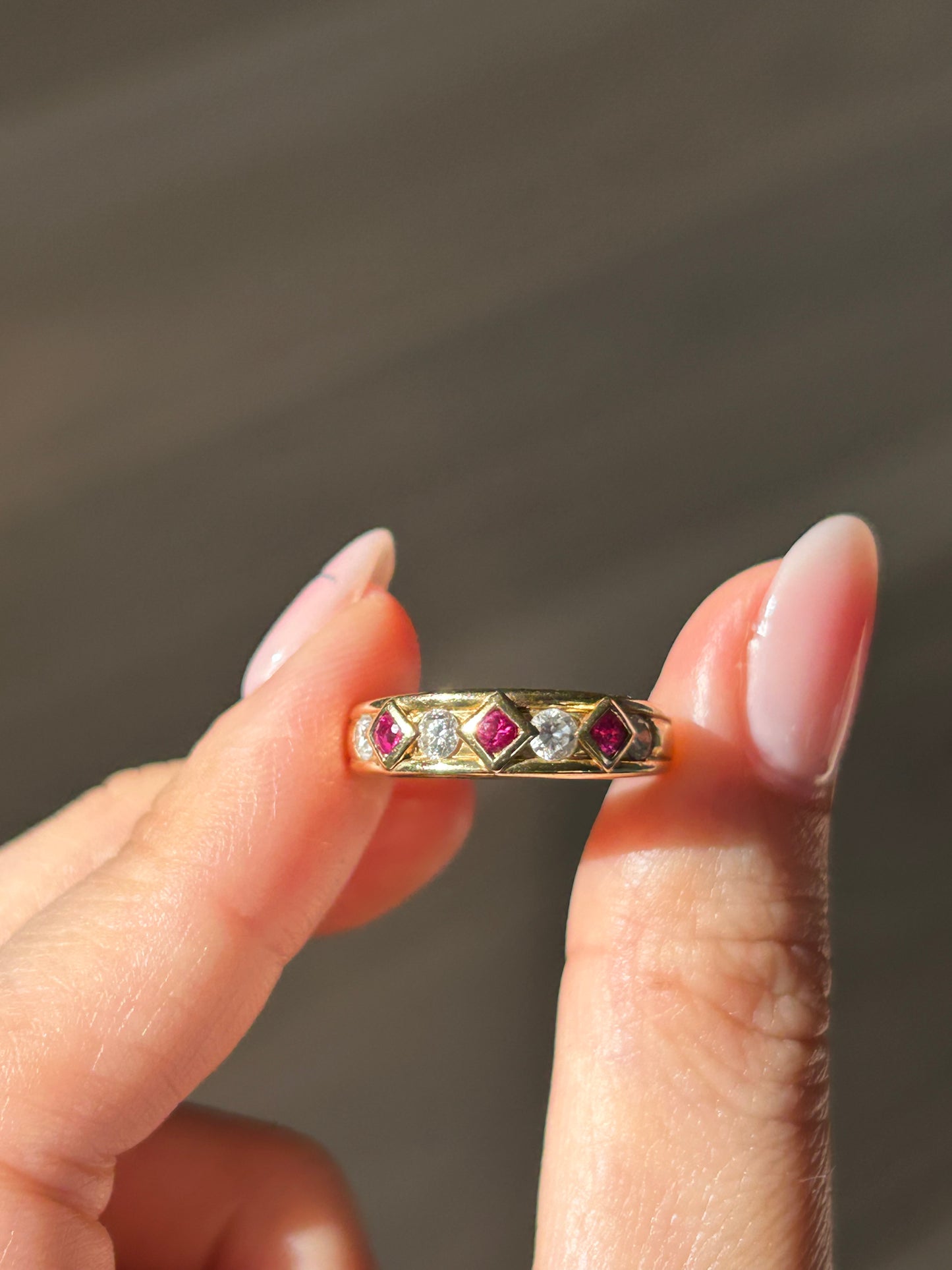 Vintage 18k 50-60’s Art Deco revival geometric ruby and diamond ring