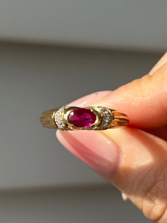 Vintage 18k East West Oval Ruby and Diamond Ring: US Size 6.5