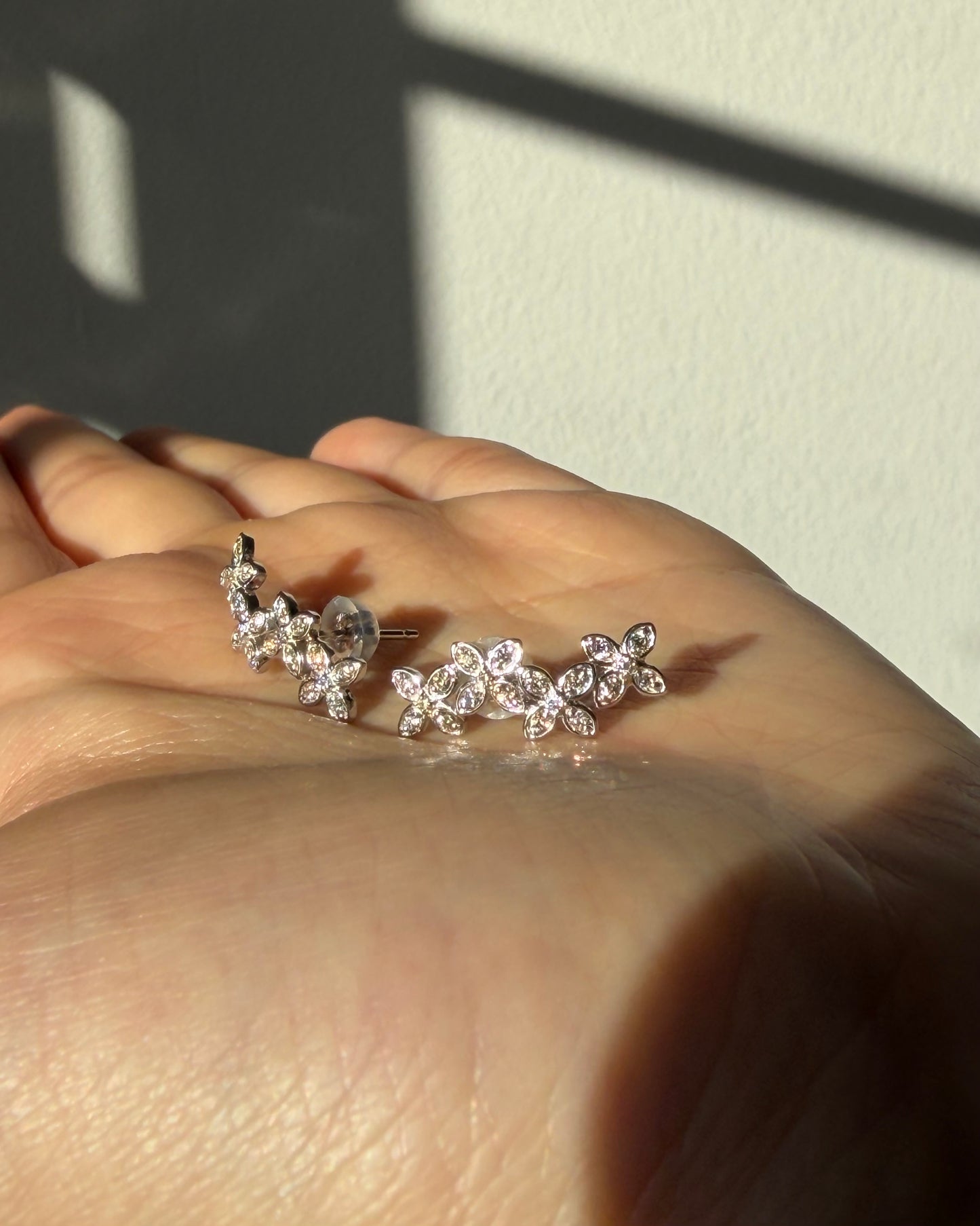 Modern Estate 18k White Gold Diamond Flower Climber Earrings - 0.30ctw