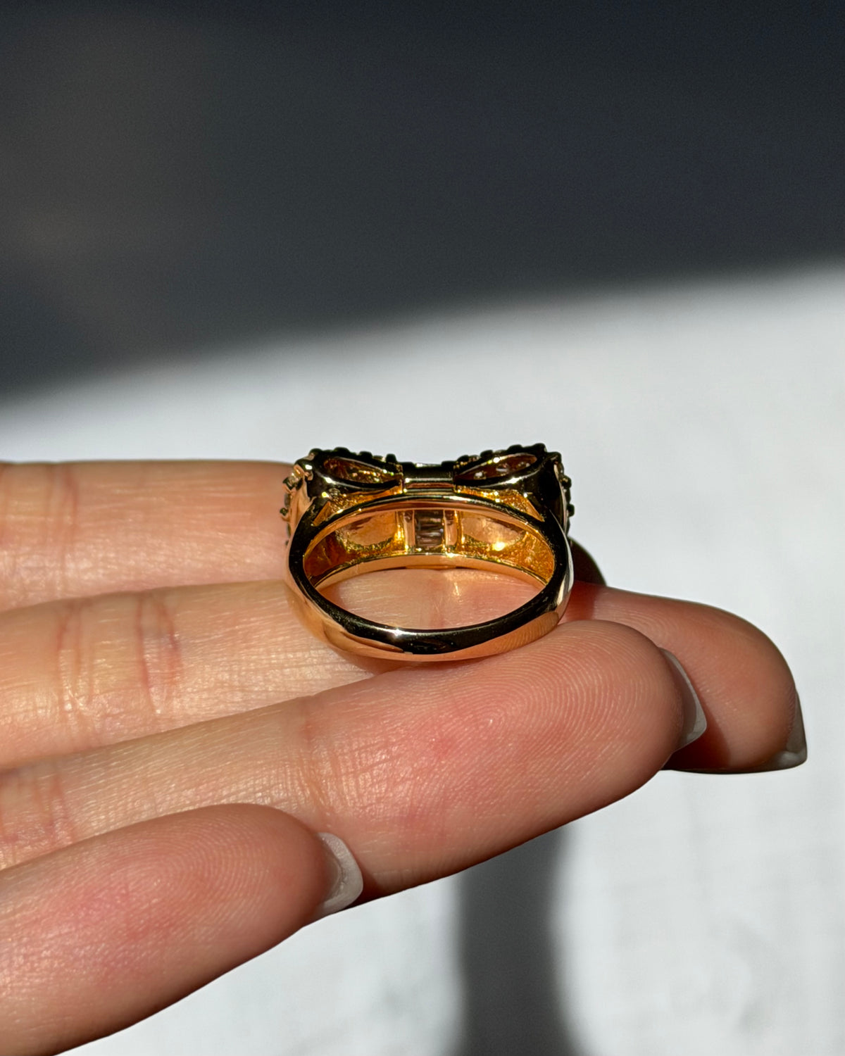 Vintage 18k Gold Baguette & Pave Diamond Statement Bow Ring