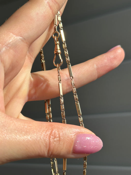 Antique 14k Rosy Yellow Gold Bar and Scroll Watch Chain with A Dog Clip