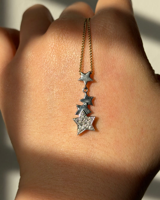 Vintage 18k White Gold Celestial Motif Star Drop Diamond Pave Pendant