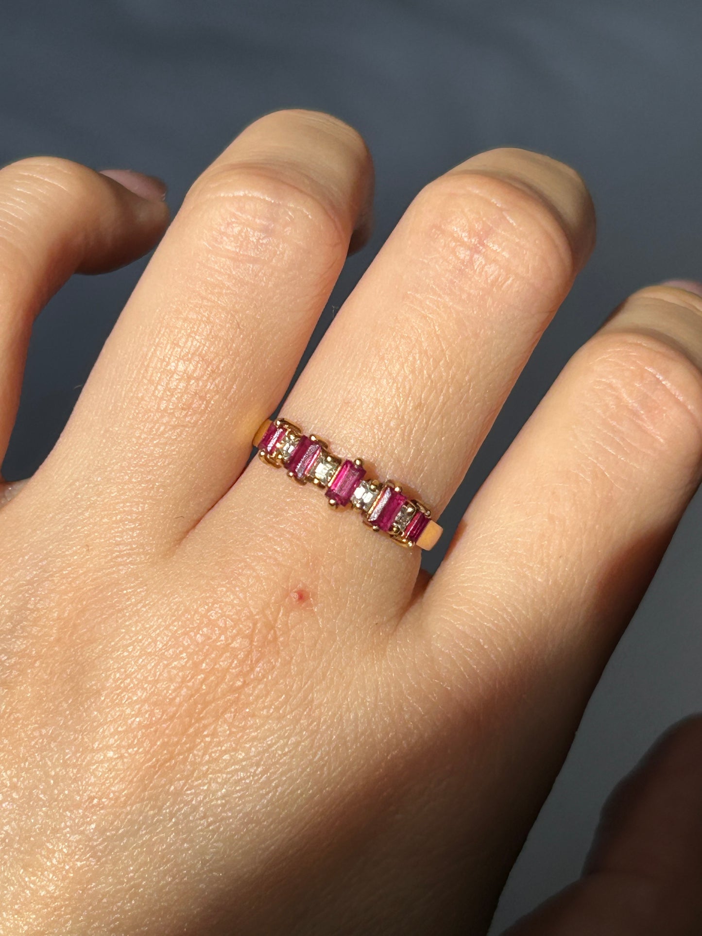 Vintage 18k Baguette Cut Ruby and Diamond Ring