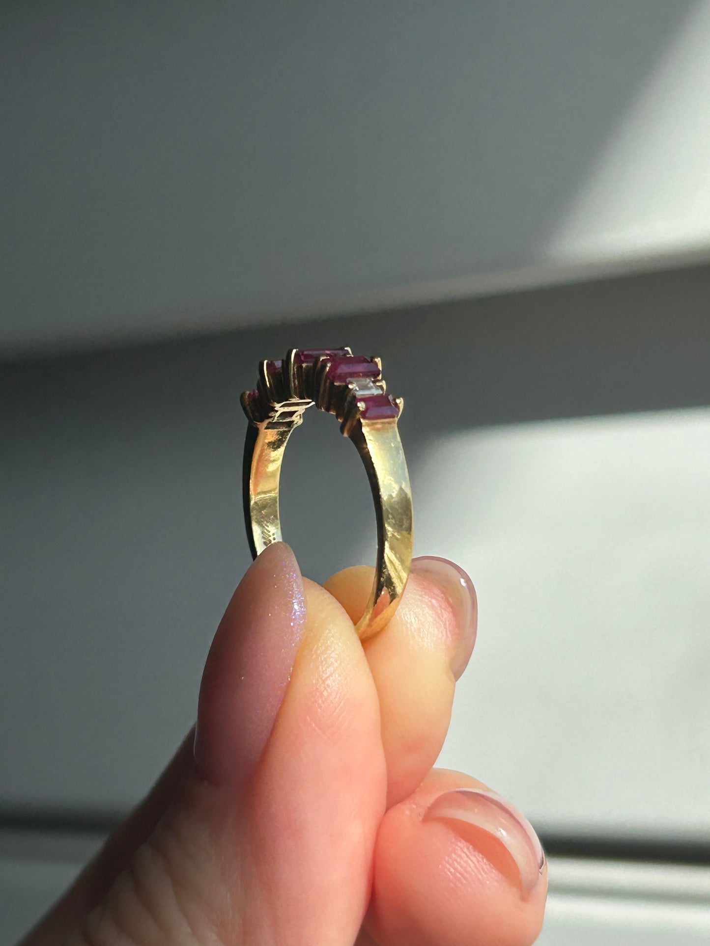 Vintage 18k Baguette Cut Ruby and Diamond Ring
