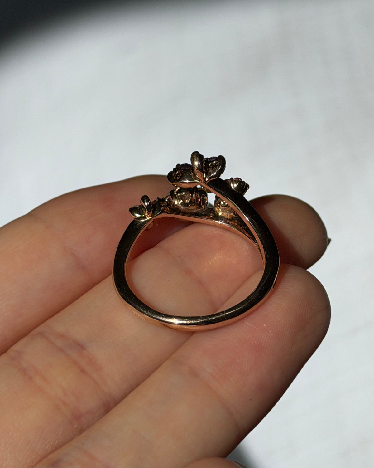 Modern Pre-loved 18k Rose Gold Diamond Sapphire Flower & Butterfly Bypass Ring