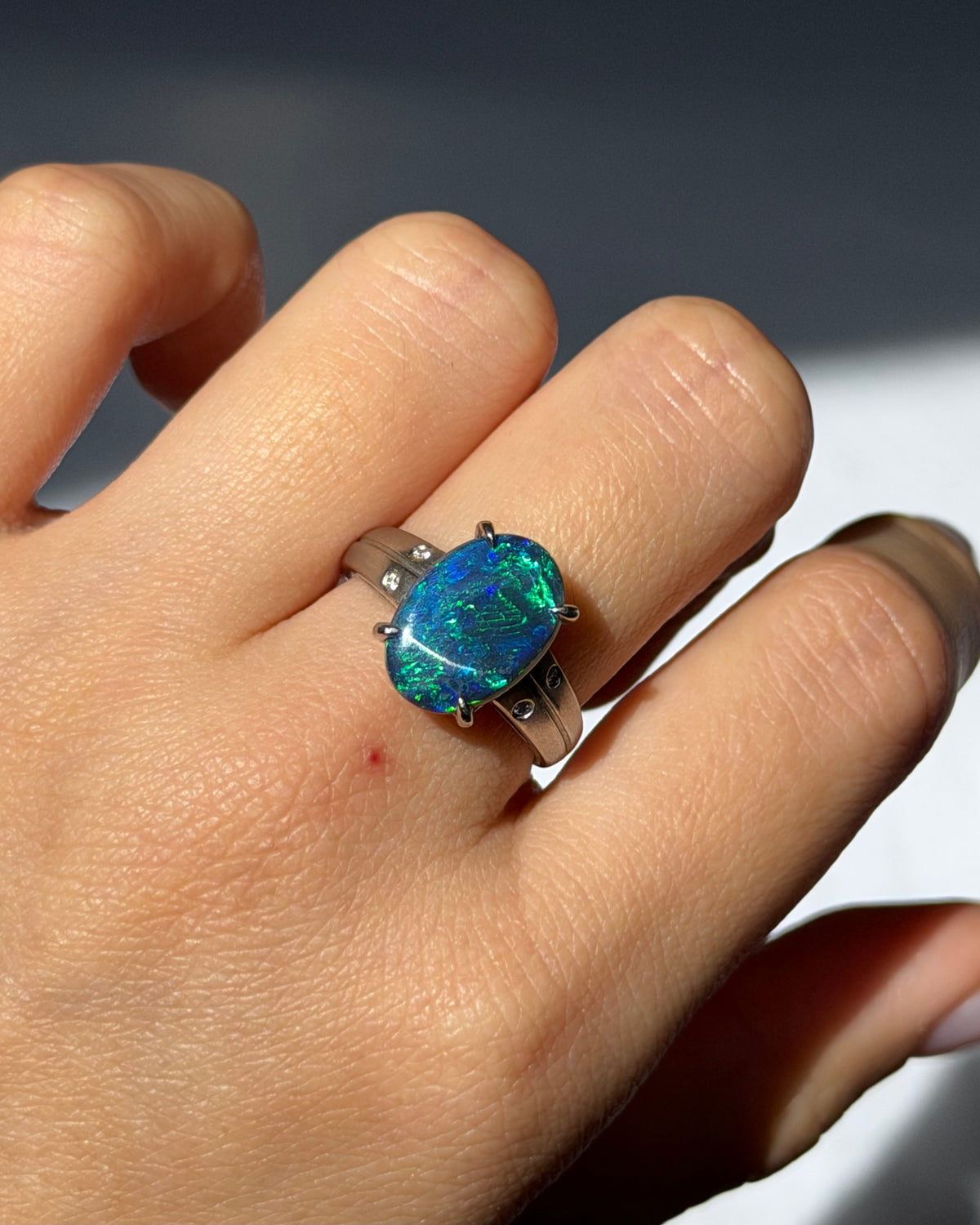 Vintage Platinum 2.5 CT Black Opal With Flush Set Diamond Ring