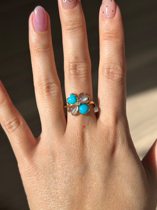 Vintage 18k Moonstone and Turquoise Four-Leaf Clover Ring