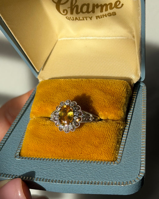 Vintage Platinum Yellow Oval Sapphire Diamond Halo Flower Ring