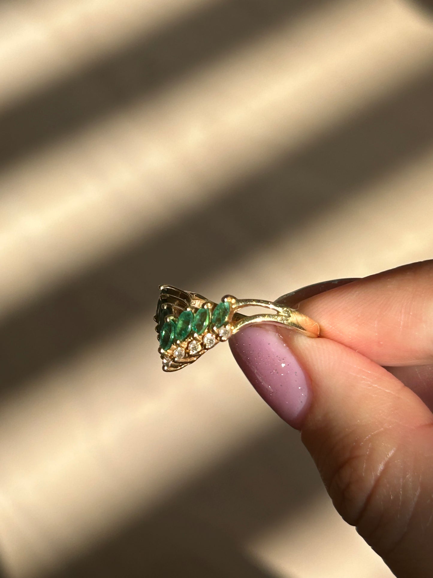 Vintage 18k Emerald Marquise and Diamond Chevron Ring: US Size 6