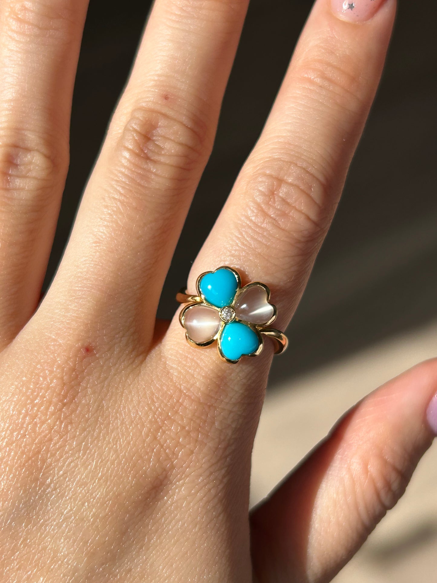 Vintage 18k Moonstone and Turquoise Four-Leaf Clover Ring