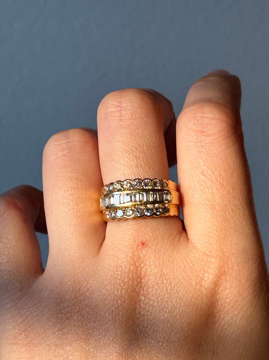 Vintage 18k Diamond Triple Row Ring: US Size 7