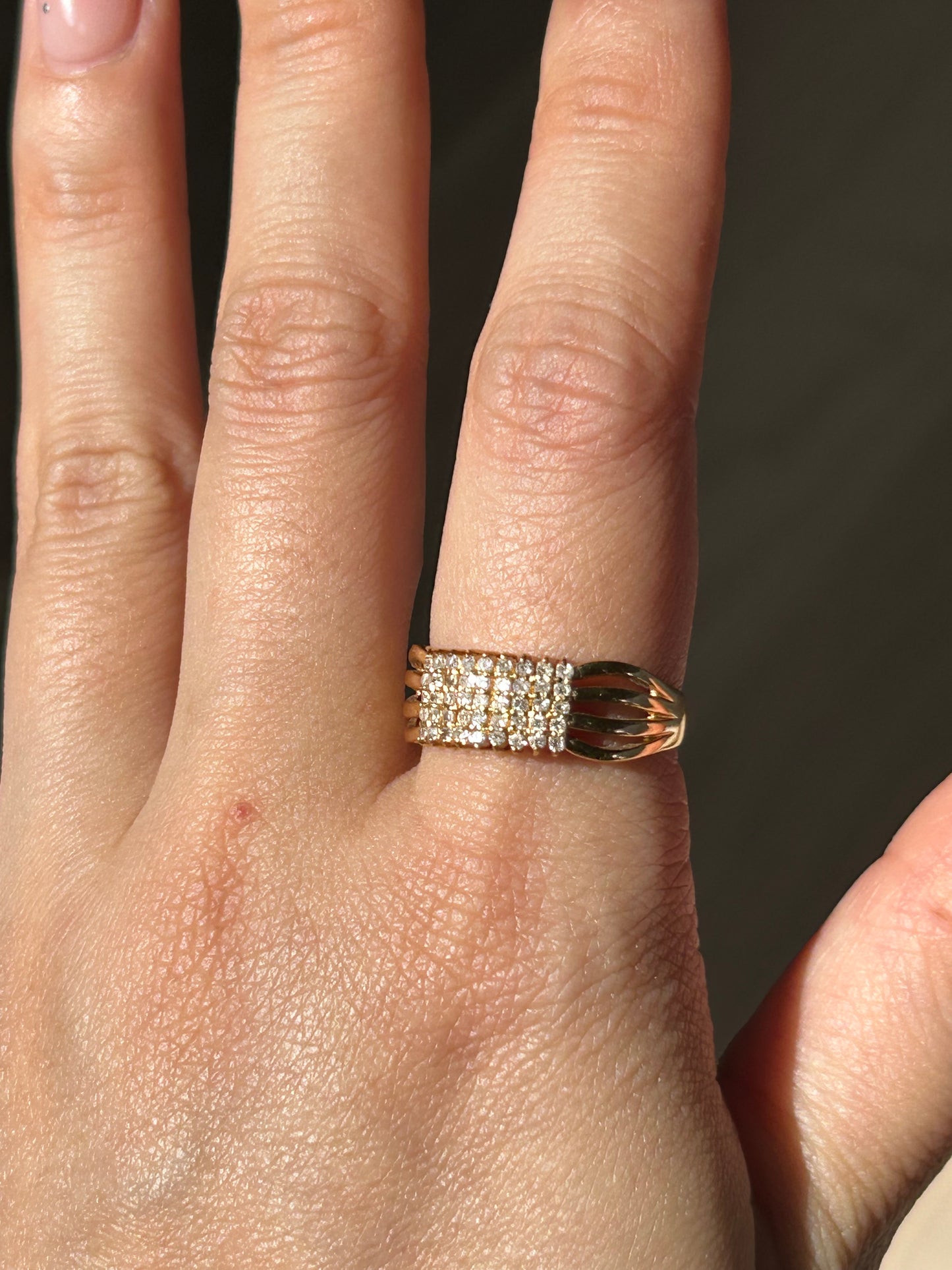 Vintage 18k Yellow Gold Diamond Grid Ring: US Size 7.5, 0.9 ct Diamonds