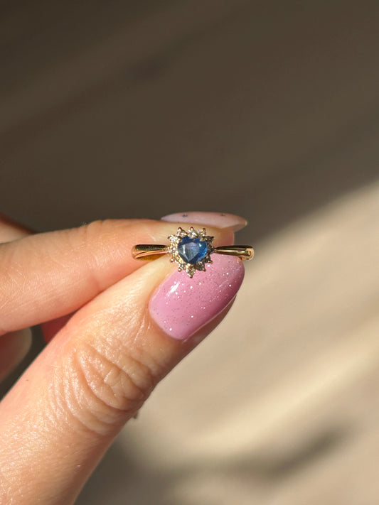 Vintage 18k Heart Sapphire Ring: Diamond Halo, Size 6