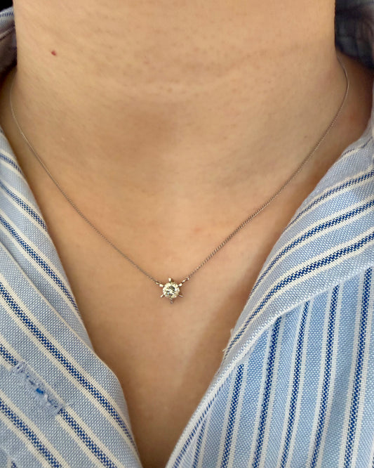 Vintage Platinum Light Lemon Yellow Diamond Solitaire Necklace