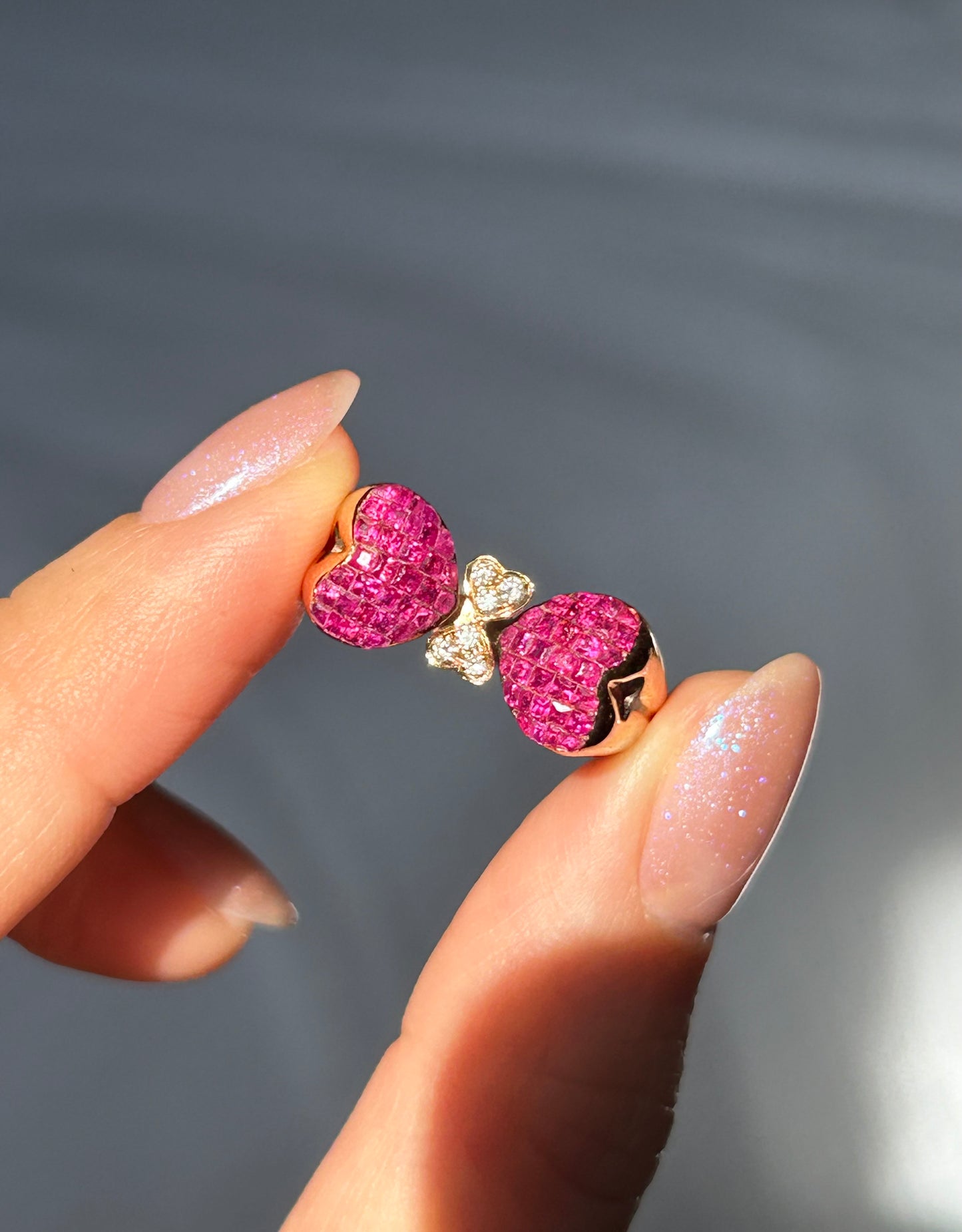 Vintage 18k Invisible Set Ruby Heart-Winged Butterfly Ring: Size 6.75