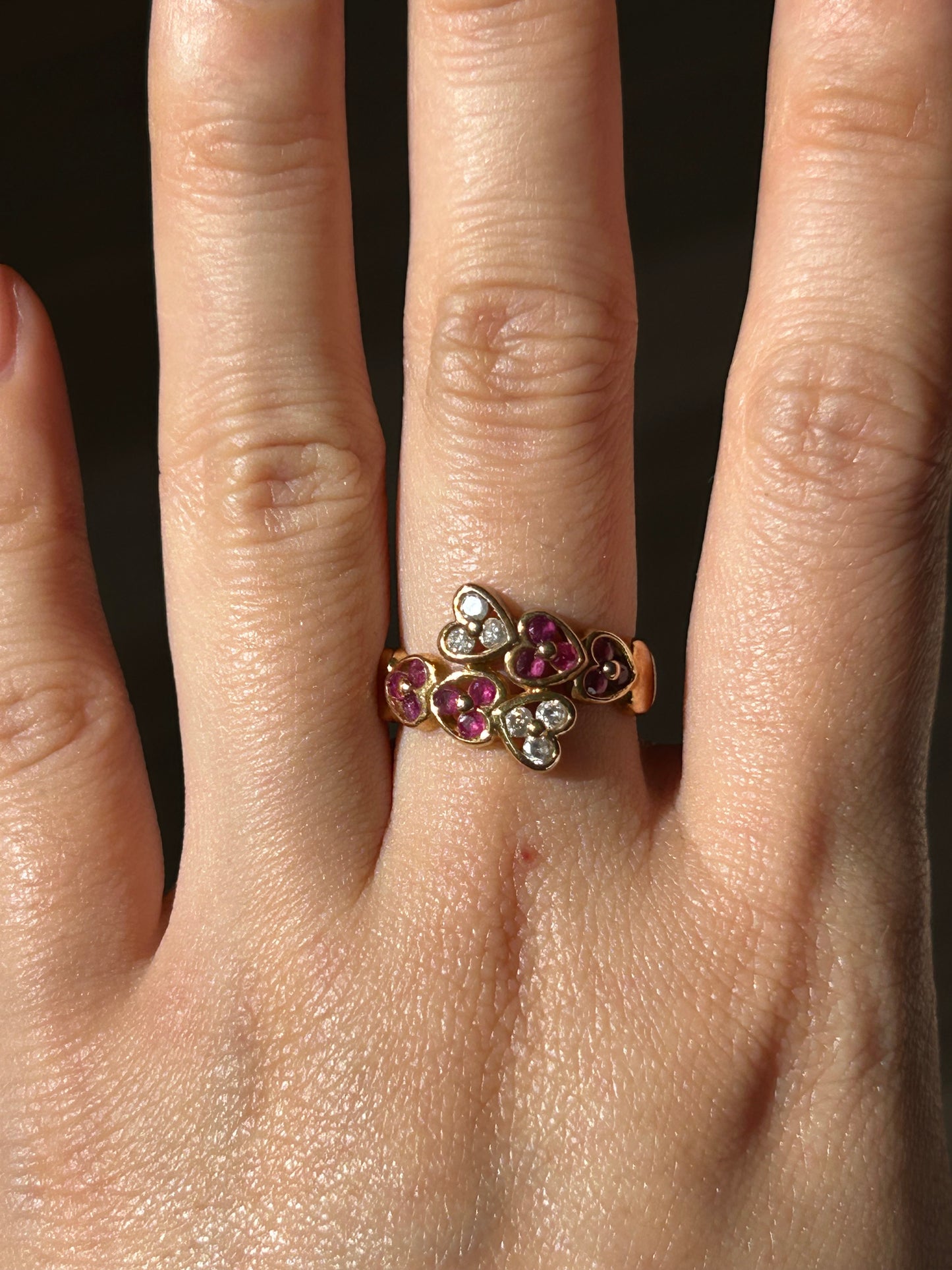 Vintage 18k Heart Bypass Ring: Rubies and Diamonds, US Size 6