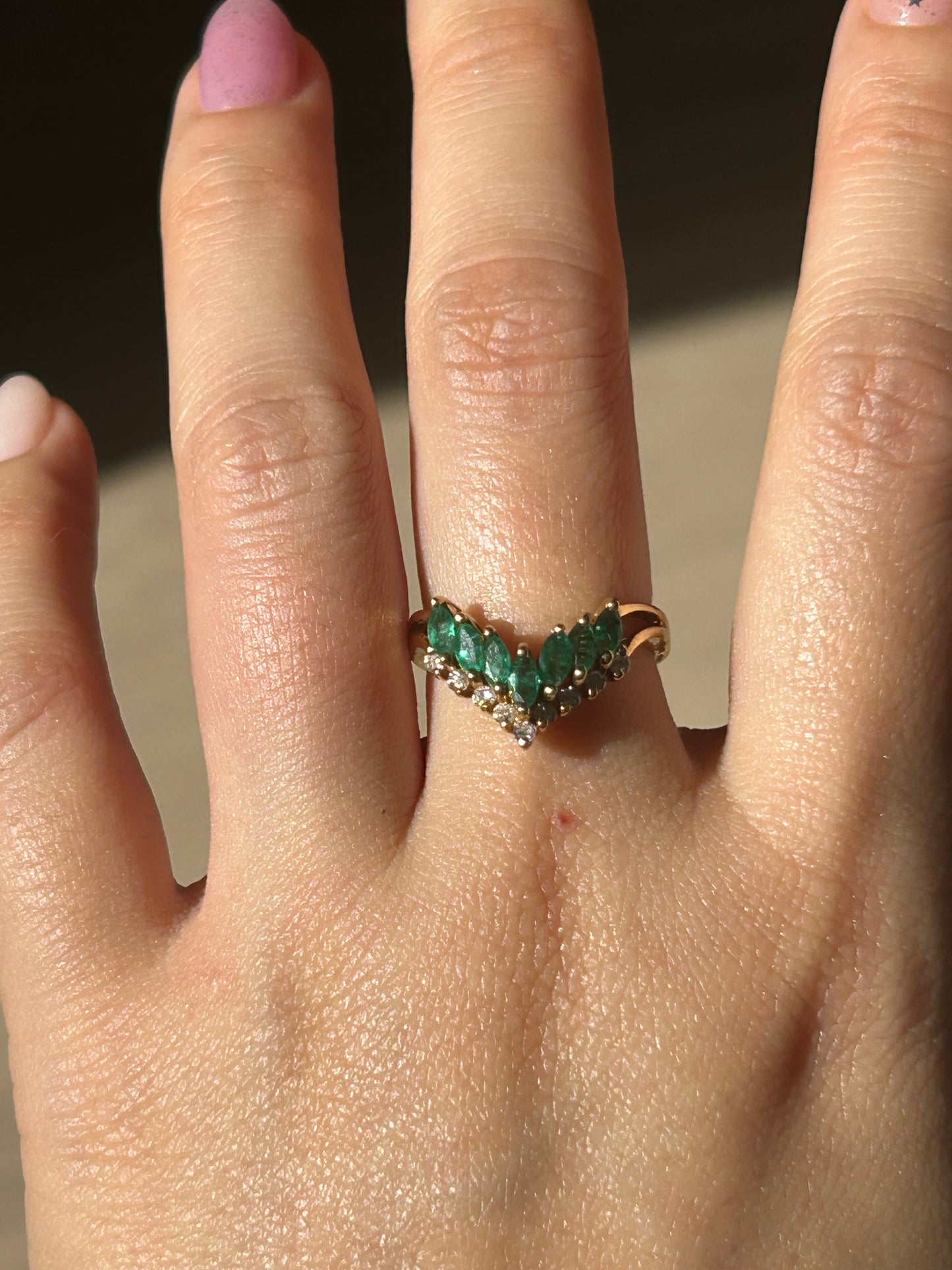Vintage 18k Emerald Marquise and Diamond Chevron Ring: US Size 6