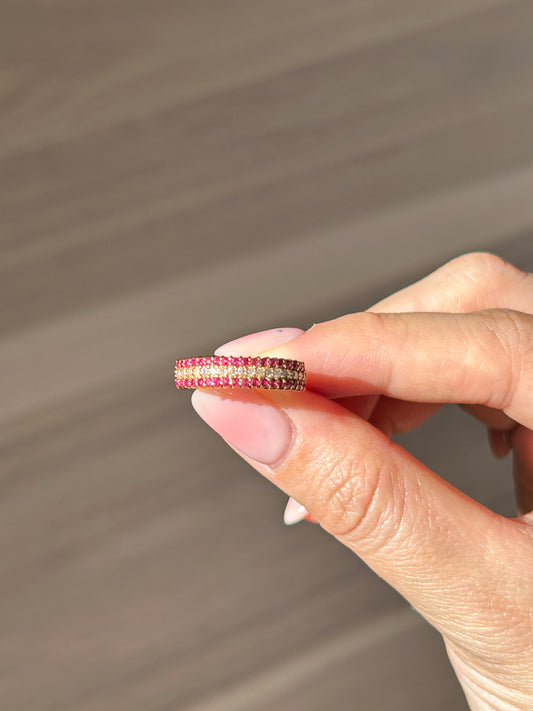 Vintage 18k Triple Row Diamond and Ruby Ring: US Size 5.75