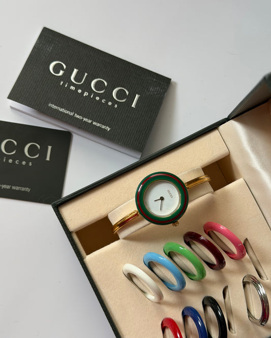 Vintage Gucci Gold Plated Stainless Steel Interchangeable Bezel Bangle Watch- Box and Papers