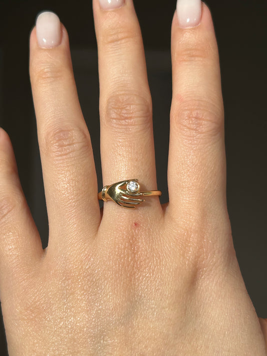 Vintage 18k Gold Hand Motif Ring with a Center Cubic Zirconia