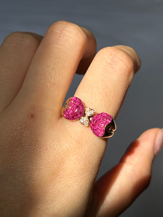 Vintage 18k Invisible Set Ruby Heart-Winged Butterfly Ring: Size 6.75
