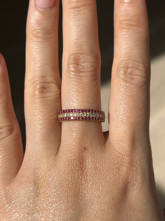 Vintage 18k Triple Row Diamond and Ruby Ring: US Size 5.75