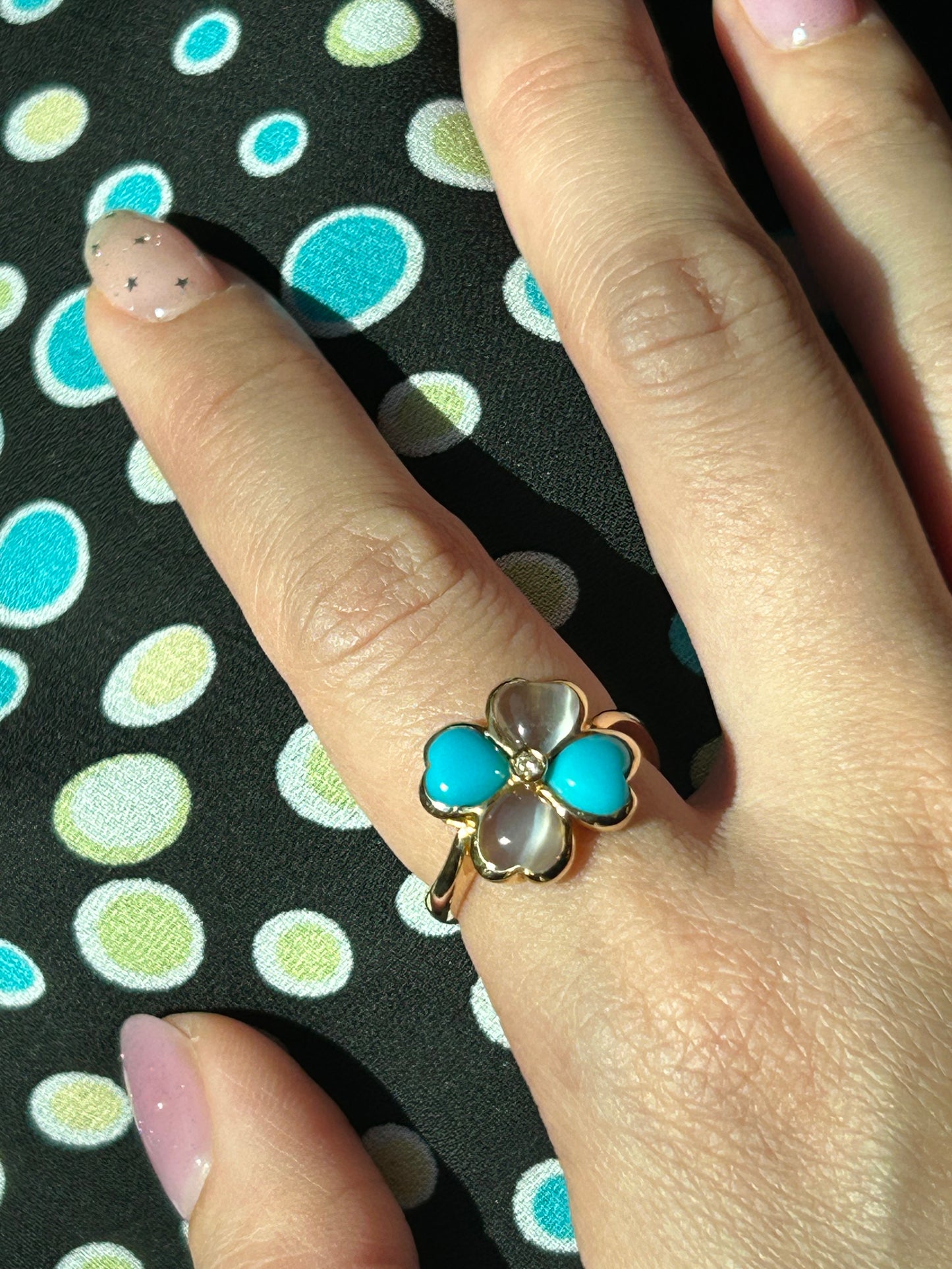 Vintage 18k Moonstone and Turquoise Four-Leaf Clover Ring