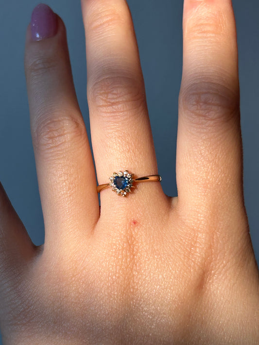 Vintage 18k Heart Sapphire Ring: Diamond Halo, Size 6