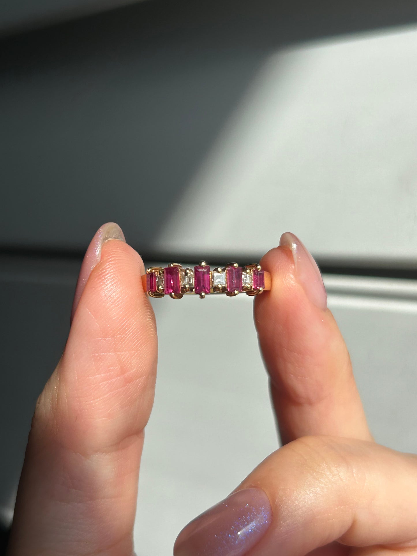 Vintage 18k Baguette Cut Ruby and Diamond Ring