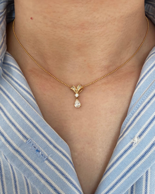 Vintage 18k Gold Baguette and Center Pear Diamond Bow Motif Ball Chain Necklace