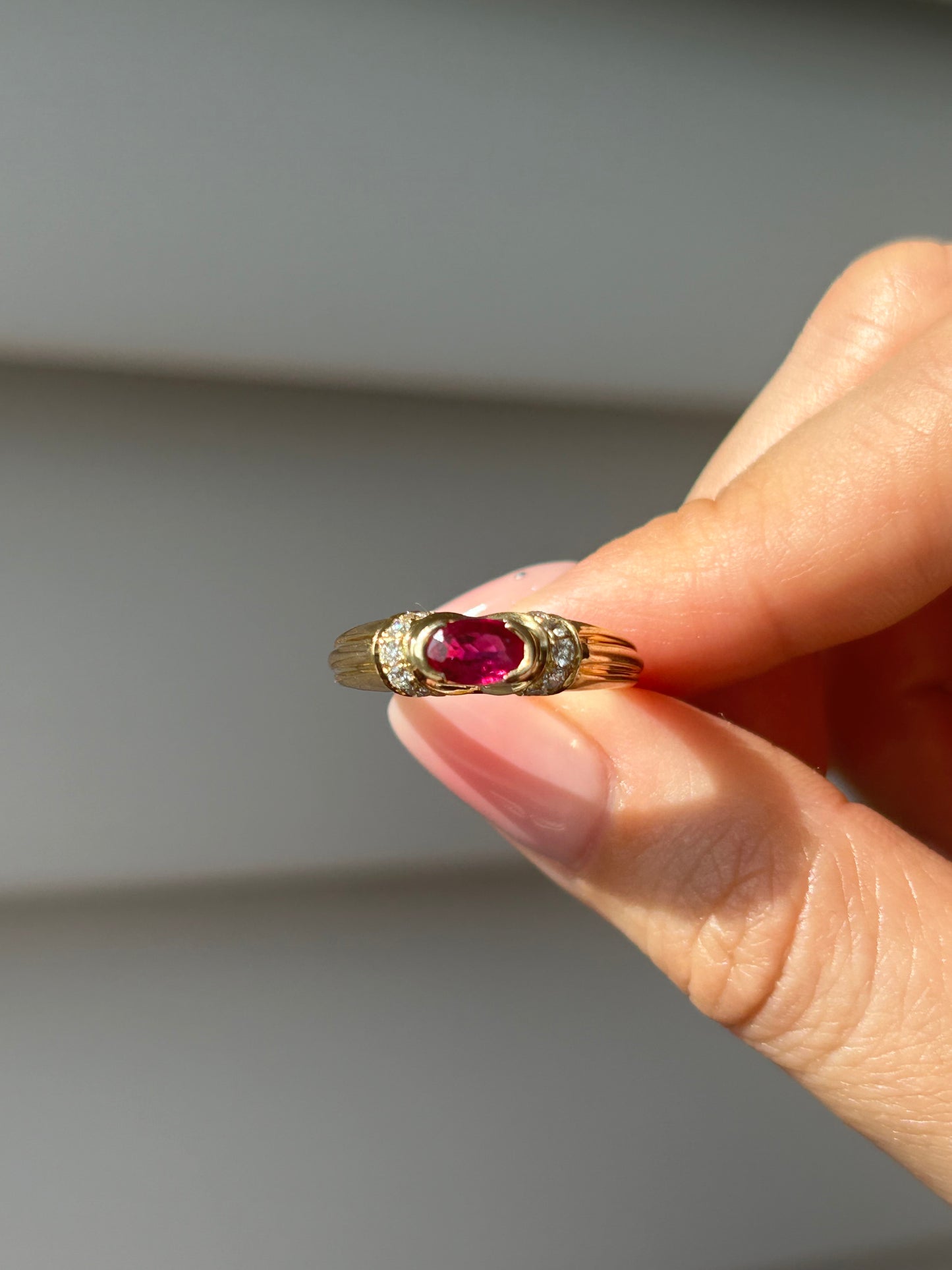Vintage 18k East West Oval Ruby and Diamond Ring: US Size 6.5