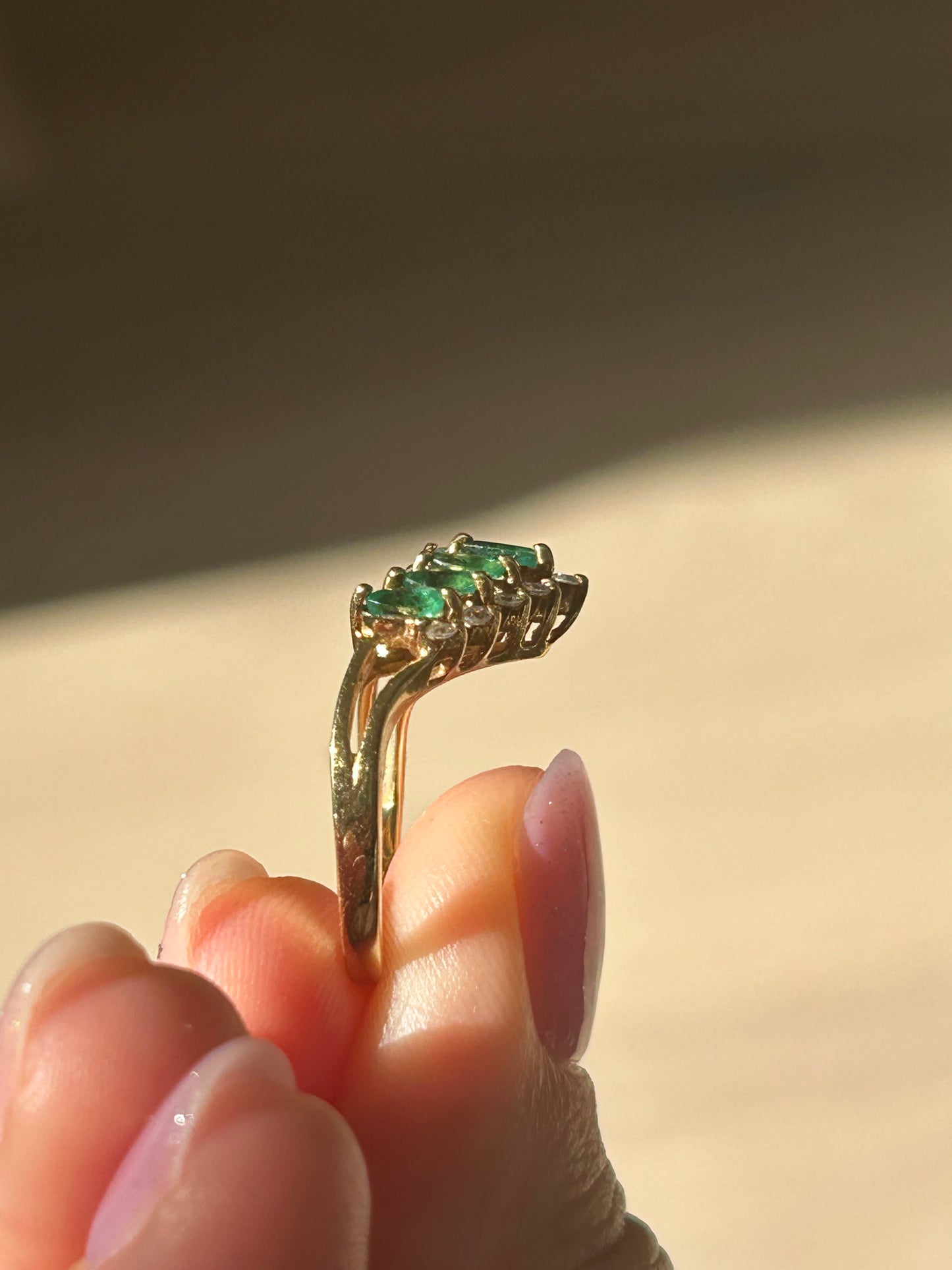 Vintage 18k Emerald Marquise and Diamond Chevron Ring: US Size 6