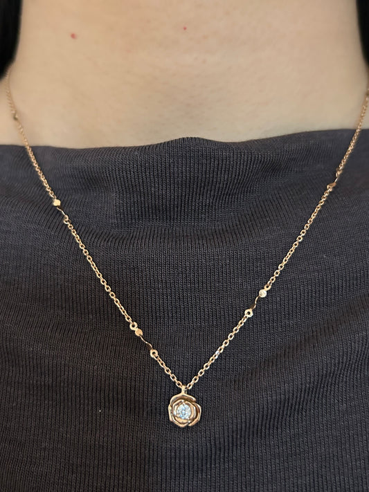 Vintage 18k Pink Gold Rose Flower Diamond Pendant Chain
