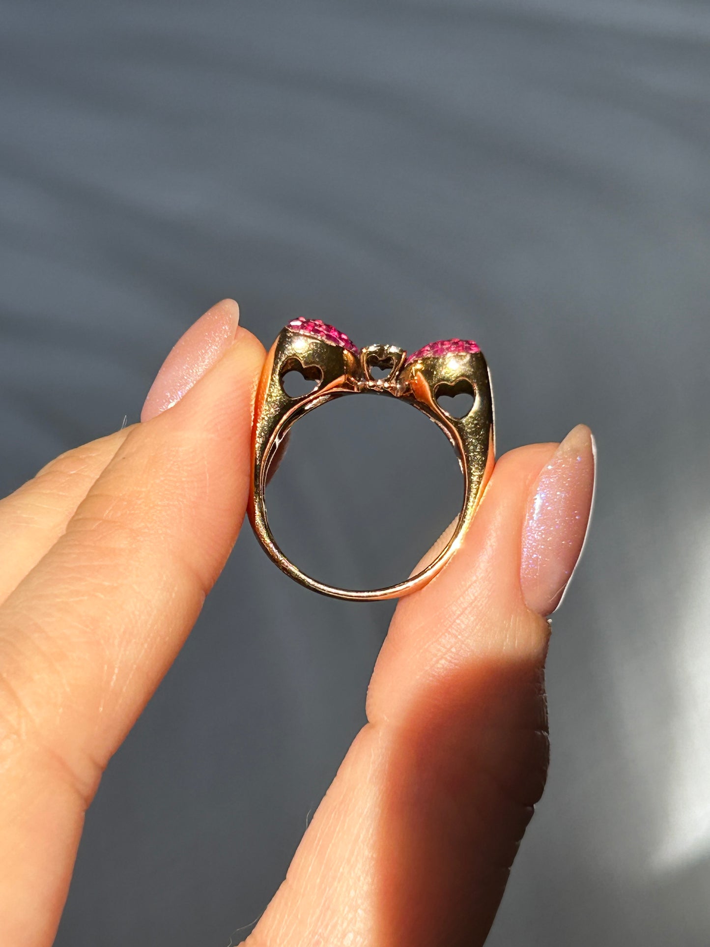Vintage 18k Invisible Set Ruby Heart-Winged Butterfly Ring: Size 6.75