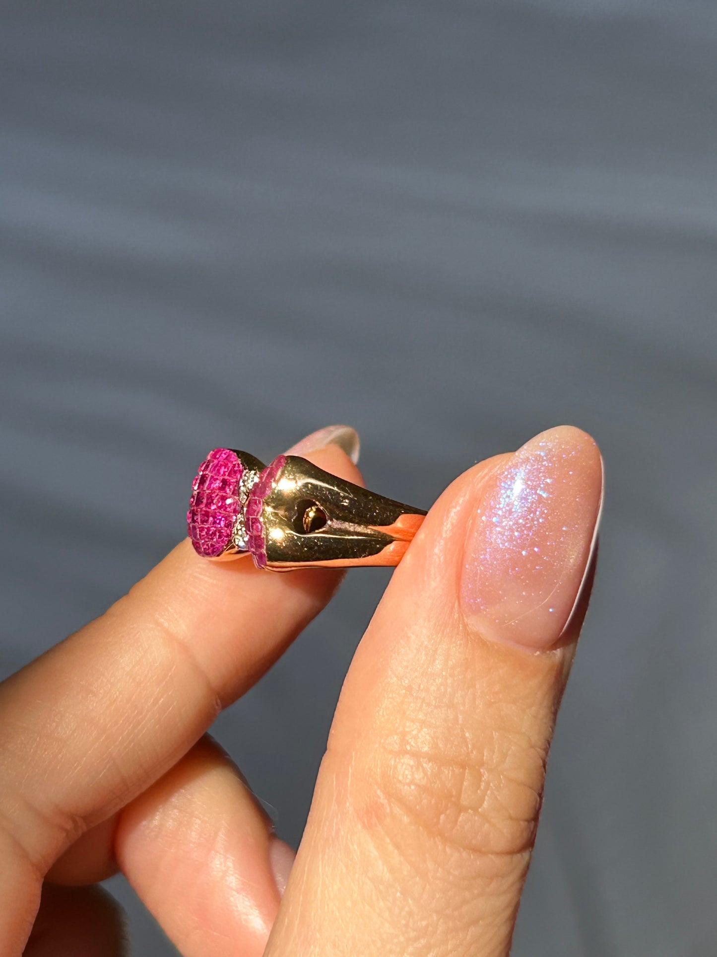 Vintage 18k Invisible Set Ruby Heart-Winged Butterfly Ring: Size 6.75
