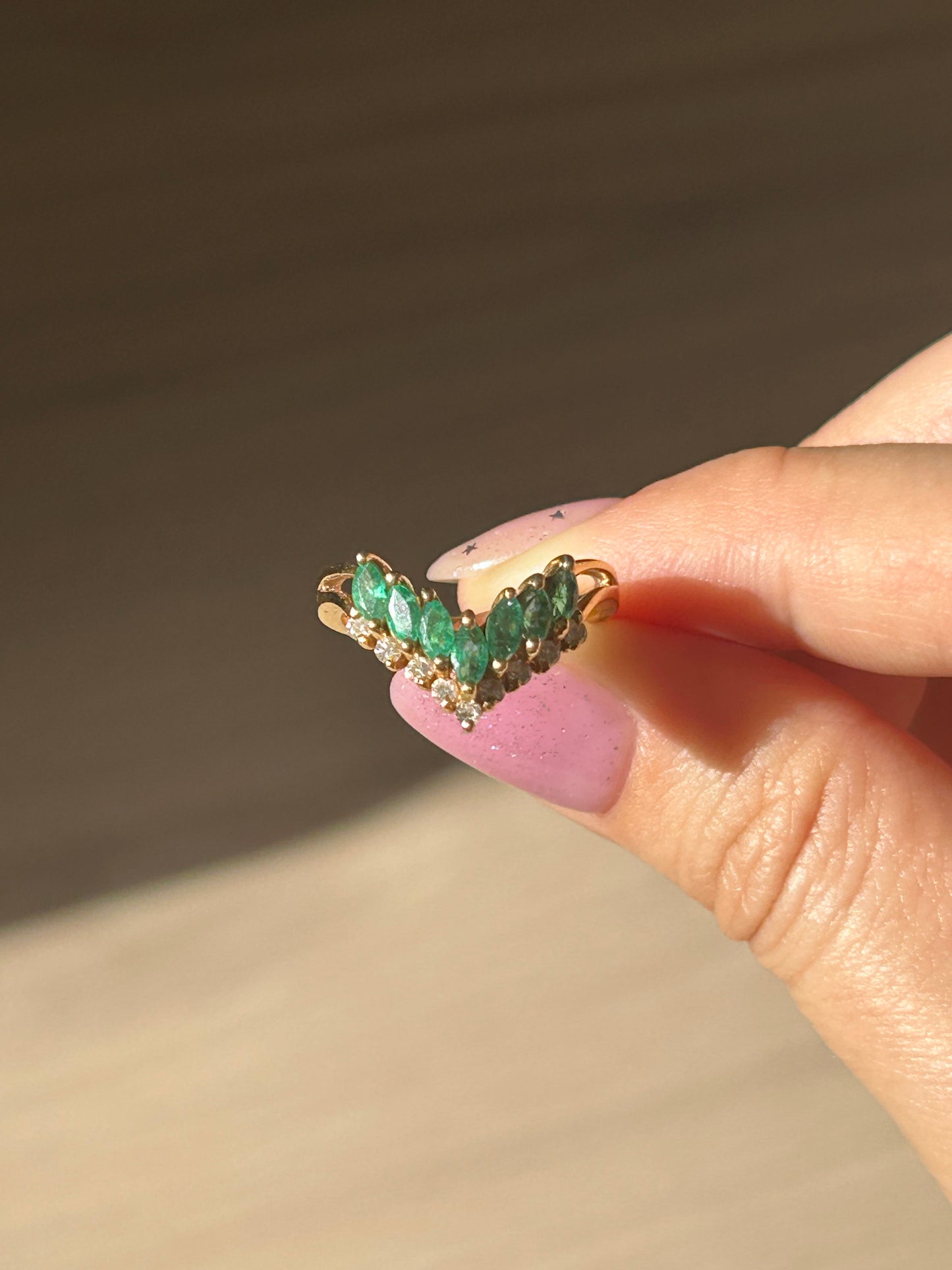 Vintage 18k Emerald Marquise and Diamond Chevron Ring: US Size 6