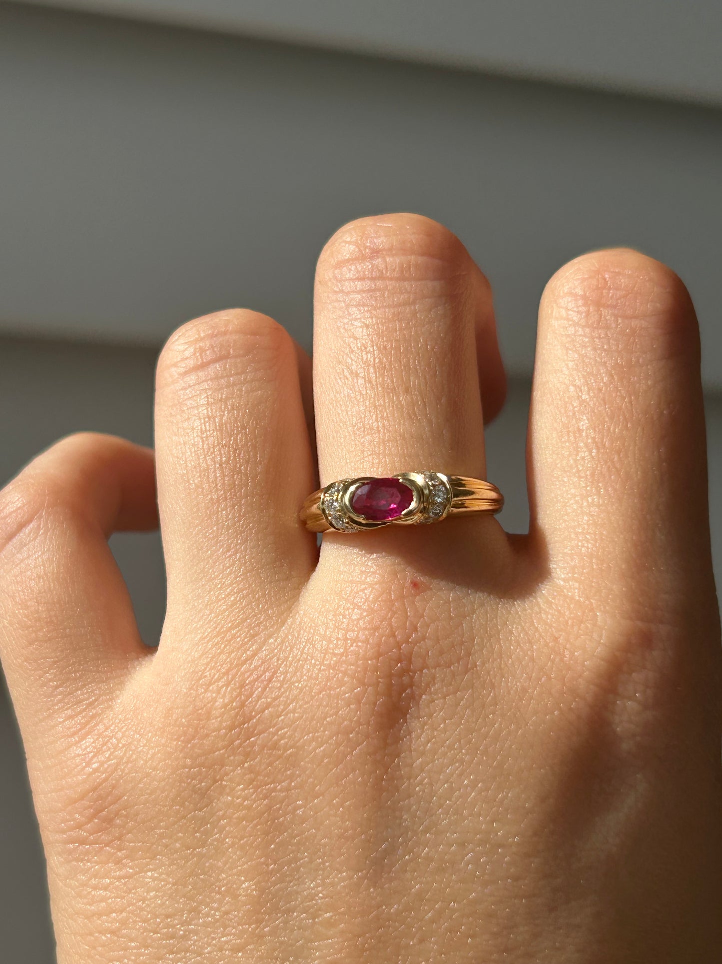 Vintage 18k East West Oval Ruby and Diamond Ring: US Size 6.5