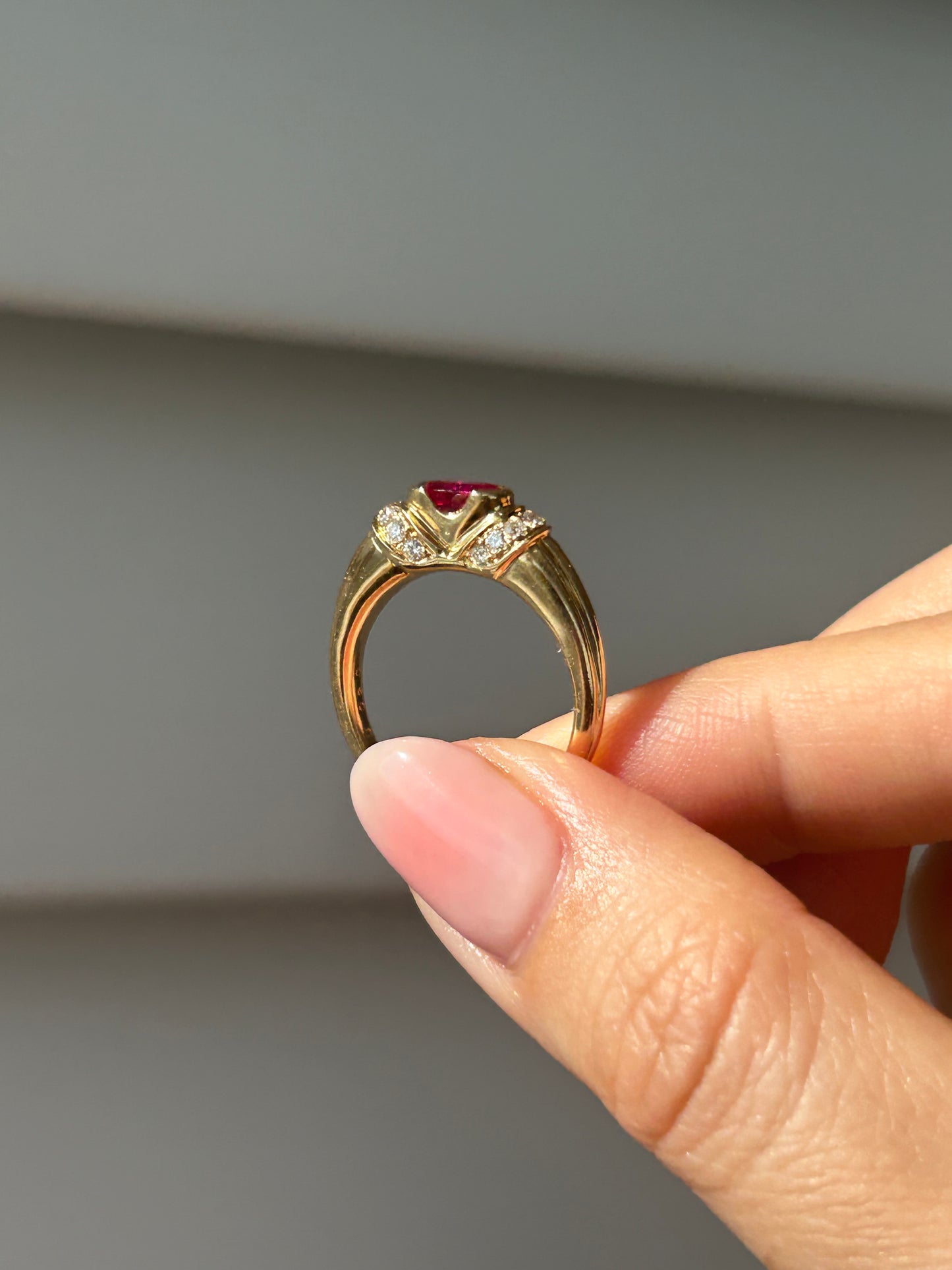 Vintage 18k East West Oval Ruby and Diamond Ring: US Size 6.5