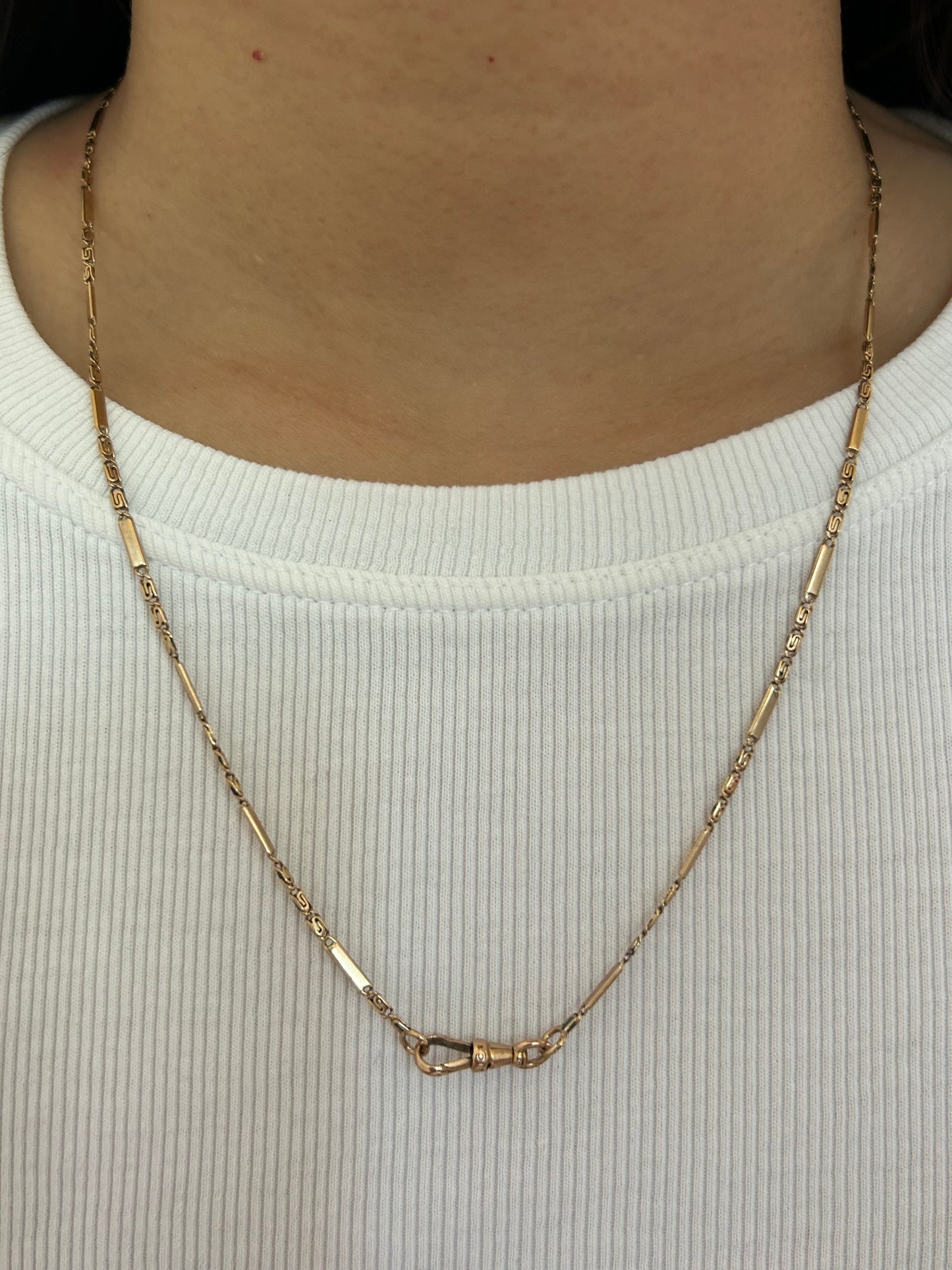 Antique 14k Rosy Yellow Gold Bar and Scroll Watch Chain with A Dog Clip