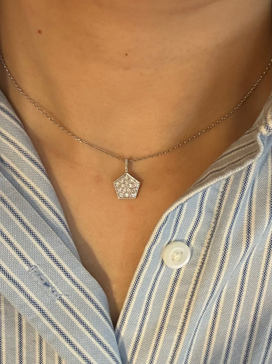 Modern 14k White Gold Geometric Pentagon Pave Diamond Necklace